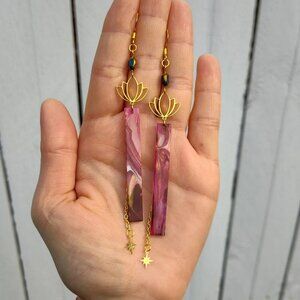 Pink Resin Bar Drop Earrings with Lotus Charm Long Statement Earrings Celestial